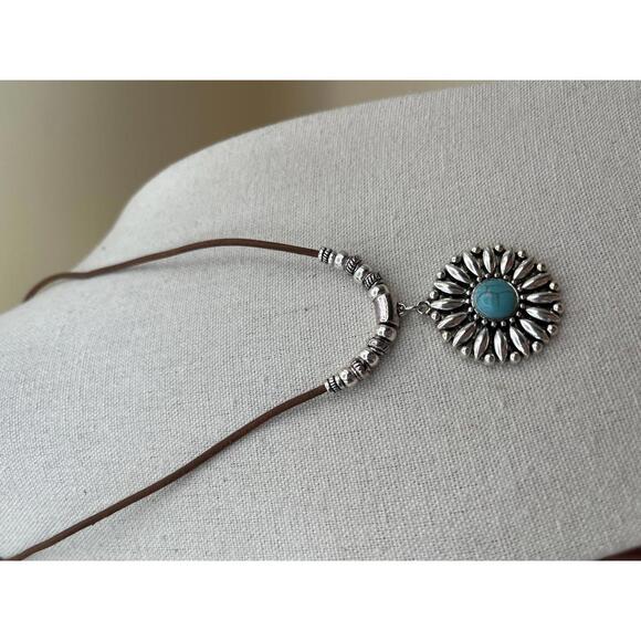 Southwest Silver and Turquoise Sunburst Pendant Necklace on Brown Cord - Picture 3 of 7